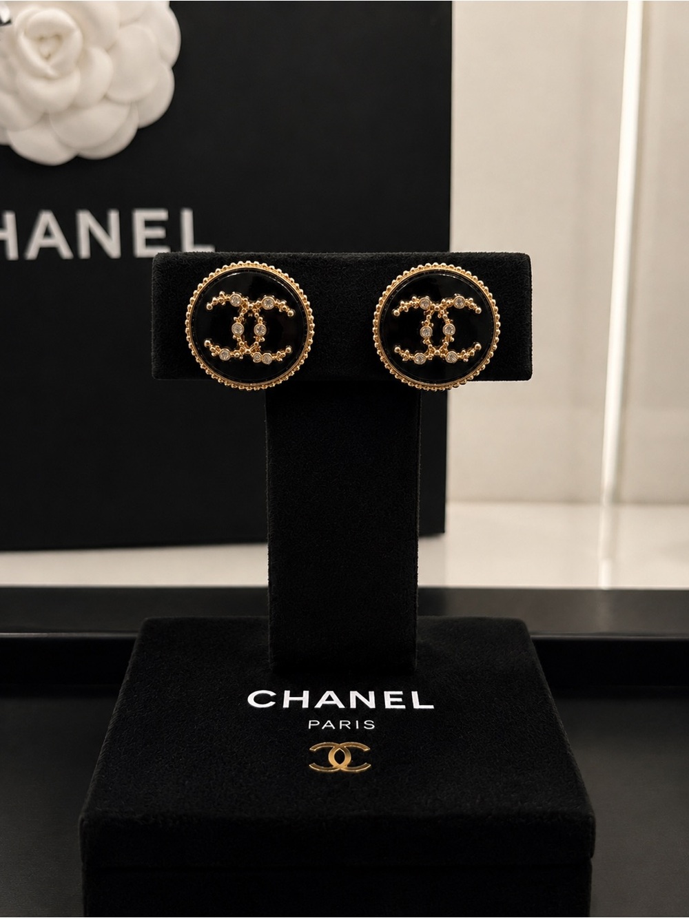 Authentic CHANEL Gold Crystal and Black CC Button Earrings | 2cm